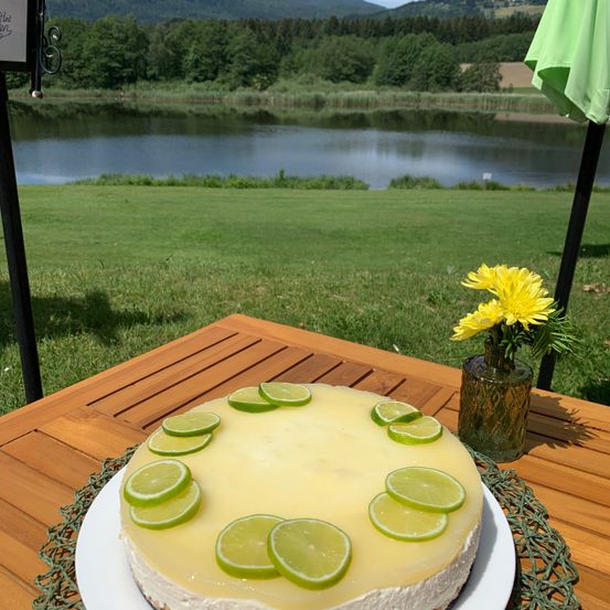 Ein Käsekuchen mit Limettenscheiben auf einem Holztisch am See mit einem grünen Schirm im Hintergrund.