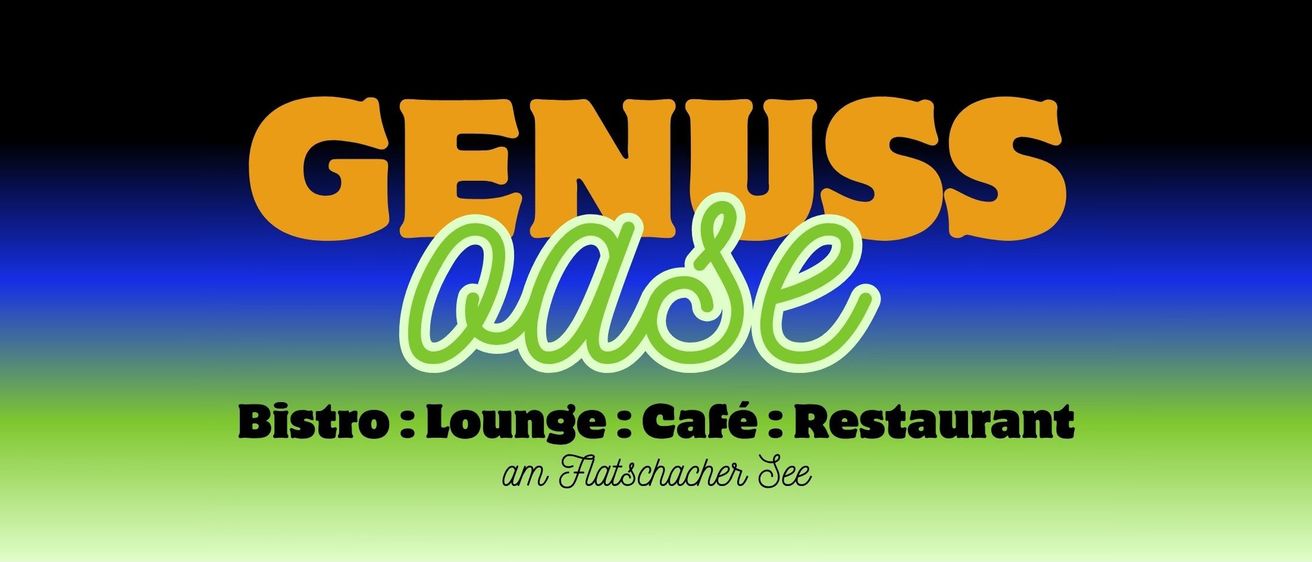 Ein Poster für 'GENUS place' mit einem lebhaften Farbschema. Es zeigt verschiedene Dienstleistungen wie Lounge, Café und Restaurant am Flatschacher See.