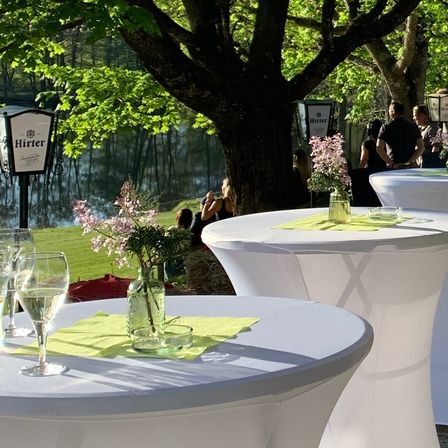 Eine Gartenparty mit weißen Tischen und Blumenarrangements unter einem Baum, mit einem See im Hintergrund.