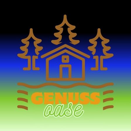 Ein Logo mit einem Haus mit Schornstein, umgeben von Bäumen auf blauem Hintergrund. Der Text 'GENUSS pause' ist in einer kräftigen, farbenfrohen Schrift geschrieben.