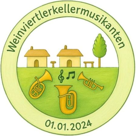 Das Bild zeigt ein kreisförmiges Logo mit einem grünen Rand. Es enthält Häuser, einen Baum, Musiknoten und Blechblasinstrumente. Der Text 'Weinviertelkellermusikanten' befindet sich oben und das Datum '01.01.2024' unten.