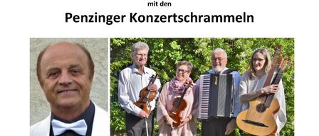 Eine Werbung für eine Hommage an Peter Alexander, mit einem Musiker, der singt und der Penzinger Konzertschrammeln Band, unterstützt von der Bezirkskulturvertretung Simmering.