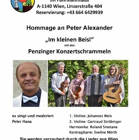 Ein Konzertplakat für eine Veranstaltung am 26. Juni 2026 in Wien, mit einer Hommage an Peter Alexander durch die Penzinger Konzertschrammel. Es enthält ein Foto der Musiker und Informationen über die Veranstaltung.