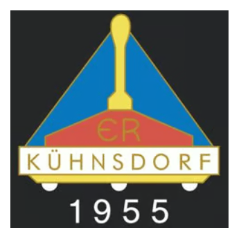Das Logo von Kuhnsdorf, gegrundet 1955, zeigt ein gelbes Emblem mit den Buchstaben ER auf rotem Hintergrund, uber dem Wort Kuhnsdorf in Blau.