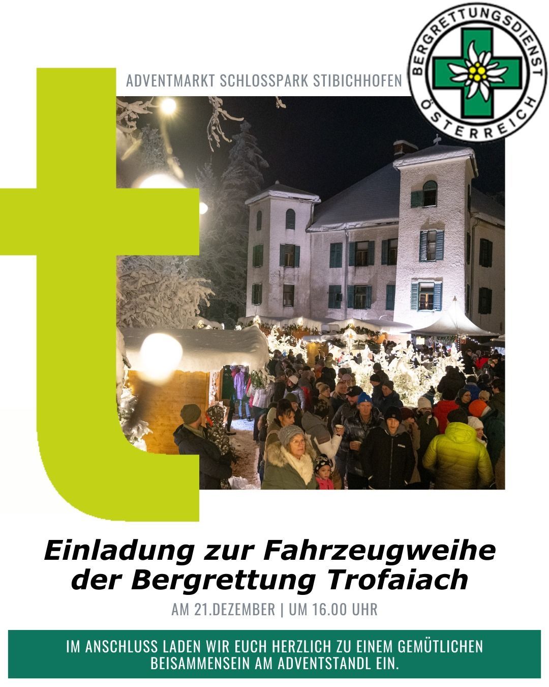 Ein Poster bewirbt den Adventmarkt im Schlosspark von Stibichhofen. Es zeigt eine große Menschenmenge in einer verschneiten Umgebung, mit einem weißen Gebäude im Hintergrund und einem Logo oben. Die Veranstaltung findet am 21. Dezember um 16:00 Uhr statt.