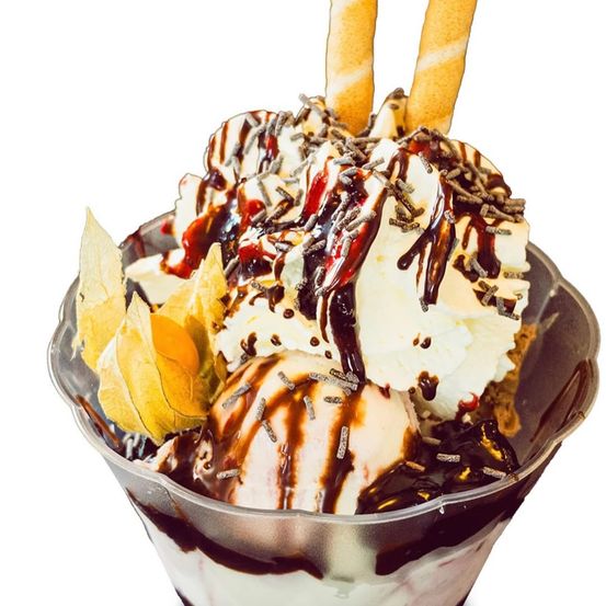 Eine Schüssel Eiscreme mit Schokoladensauce und Streuseln auf weißem Hintergrund.