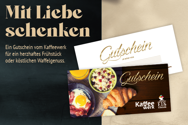 Ein Gutschein von Kaffeewerk für ein herzhafter Frühstück oder köstlichen Waffelgenuß. Der Gutschein zeigt ein Frühstücksbild.