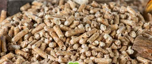 Ein Haufen Holzpellets mit Text 'Ende der Einkaufsgemeinschaft bis Ende Mai'. Lieferung bis Ende August 2026 möglich. Logo mit grünem Herz und Text 'Steirer Pellets'.
