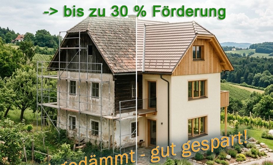 Ein Bild mit zwei Häusern zeigt einen Renovierungsprozess. Die linke Seite ist unter Gerüsten mit den Worten 'Gut gedämmt'. Die rechte Seite ist fertig mit 'gut gespart'. Es gibt einen Textüberlagerung, der 'Neue Förderung: Thermische Sanierung - Bis zu 30% Förderung' lautet.