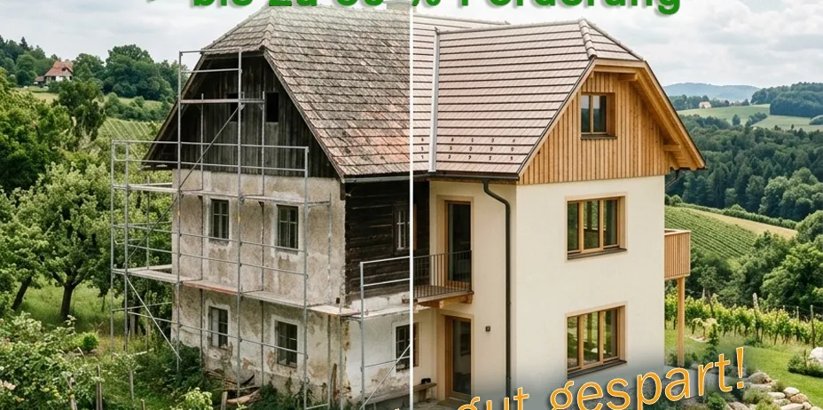 Das Bild zeigt ein Haus vor und nach einer thermischen Sanierung. Es betont die Vorteile solcher Sanierungen mit bis zu 30% Förderung. Das Haus ist mit Gerüst und dann saniert dargestellt, vor einem Hintergrund von üppiger Grünfläche.