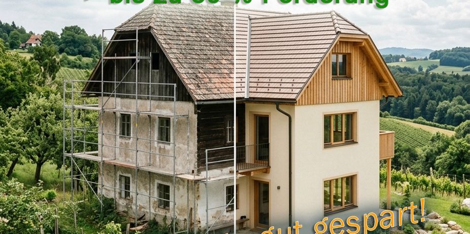 The image shows a house before and after thermal renovation. It highlights the benefits of such renovations with up to 30% funding available. The house is depicted with scaffolding and then renovated, set against a backdrop of lush greenery.