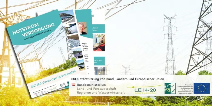 Ein Werbeplakat für 'Notstromversorgung' zeigt Bilder von Stromleitungen, Strommasten und einem Mann mit Sprechblase. Der Text hebt einen sicheren Stromversorgungsplan in der Region Südbaden-Schwarzwald hervor. Es enthält Logos des deutschen Bundesministeriums für Ernährung und Landwirtschaft und der Europäischen Union.