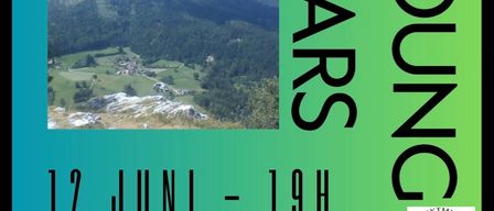 Plakat für Young Stars Event am 12. Juni um 19 Uhr mit einer malerischen Berglandschaft, Musiknoten und Logos.