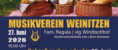 Plakat für ein Picknick-Konzert des Musikvereins Weinitzen am 27. Juni 2026, Beginn 15 Uhr. Picknickkörbe und Traktoren in einer Wiese. Anmelden bis 20. Juni. Highlights umfassen Hupfburg, Instrumentenstand und Oldtimer-Ausstellung. Kontakt per SMS oder WhatsApp.