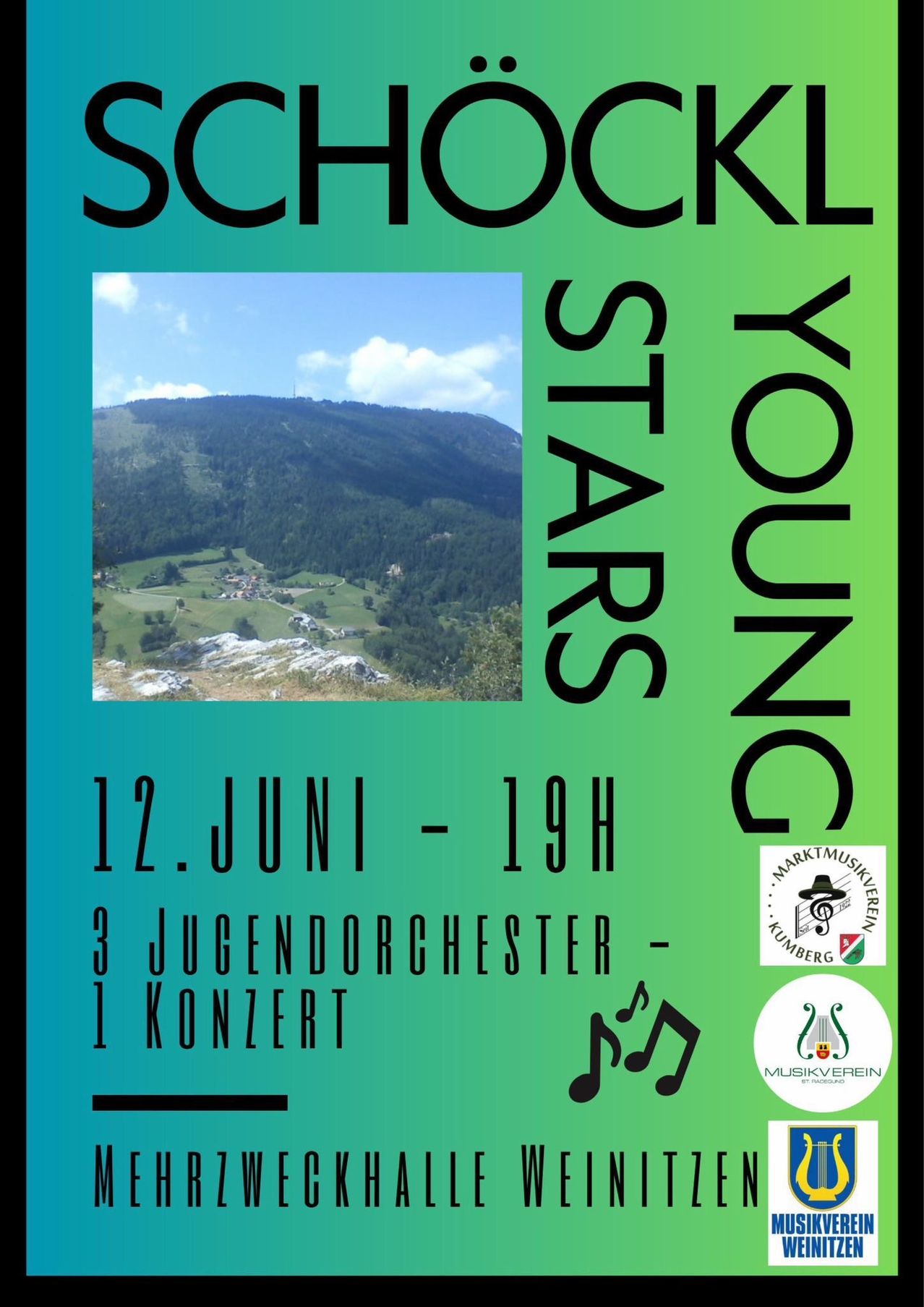 Ein Poster für das Young Stars Konzert am 12. Juni um 19 Uhr. Die Veranstaltung bietet 3 Jugendorchester und ein einzelnes Konzert.