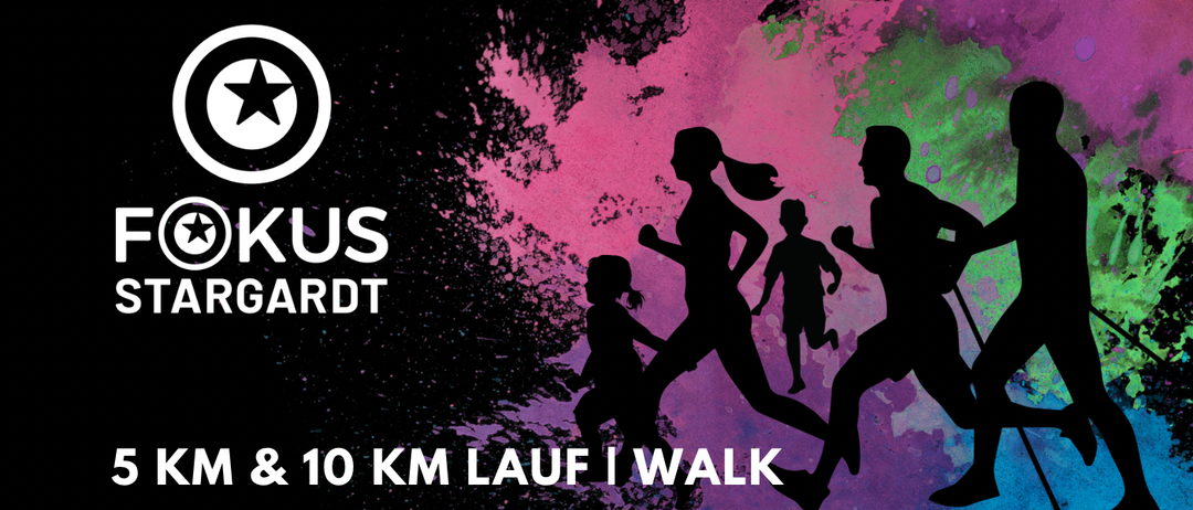Fokus Stargardt Plakat für einen Laufevent in Eggenburg am 28. Februar 2026 mit einer Silhouette von Läufern.