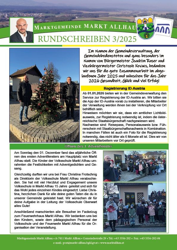 Ein Plakat für Rundschreiben 3/2025 von Marktgemeinde Markt Allhau. Es zeigt ein Bild von Menschen neben einem Weihnachtsbaum und ein weiteres Bild von Kindern und Erwachsenen vor einem Haus. Es enthält eine Nachricht der Gemeindeverwaltung.