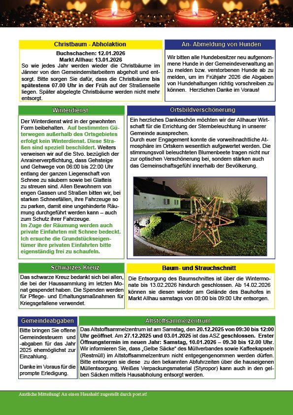 Das Bild zeigt eine Ankündigung für eine Weihnachtsbaumsammlung, Winterdienste und Baumentsorgung. Es enthält Details zu Terminen, Zeiten und Orten für diese Aktivitäten. Es erwähnt auch die Entsorgung von Baumzweigen und die Öffnung des Abfallsammelzentrums. Ein Bild eines Hauses mit einer sternförmigen Dekoration im Garten ist enthalten.