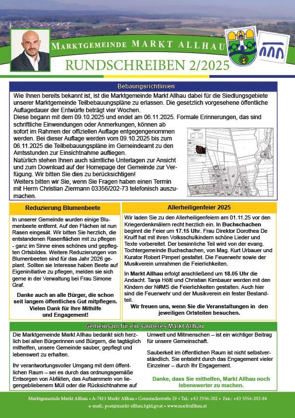 Das Bild zeigt ein Dokument mit dem Titel 'RUNDSCHREIBBEN 2/2025' von der Marktgemeinde Markt Allhau. Es bietet Informationen zu Bauvorschriften, erwähnt eine Frist für die Einreichung von Plänen und kündigt eine Reduzierung der Blumenbeete an. Das Dokument bewirbt auch das Allerheiligenfeier, ein festliches Ereignis am 1. November 2025, und betont die Beteiligung der Gemeinschaft an der Sauberhaltung der Umwelt.