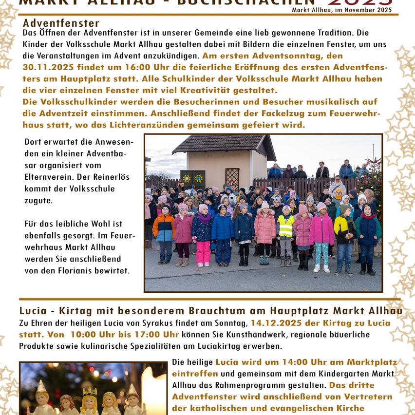 Ein Plakat für das Adventfest in Markt Allhau, 2025, mit einer Gruppe von Kindern vor einem Haus, einem Banner und Text, der das Fest beschreibt.