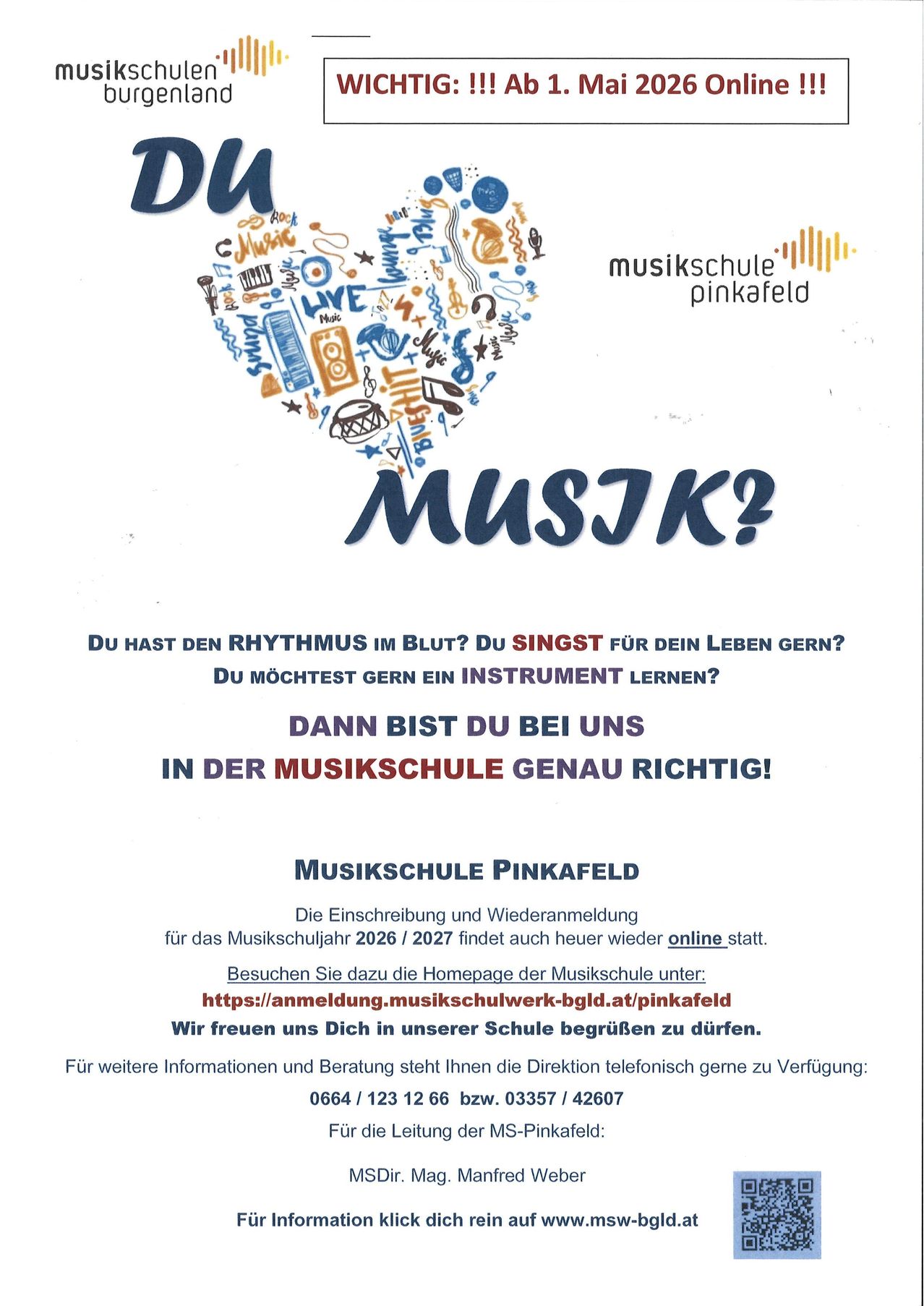 Das Poster lädt Einzelpersonen ein, der Musikschule Pinkafeld beizutreten. Es hebt die Freude an Musik, Singen und dem Erlernen von Instrumenten hervor. Es bietet Anmeldung und Wiederanmeldung für das Schuljahr 2026/2027 an, die auch online möglich ist. Kontaktinformationen werden für weitere Anfragen bereitgestellt.