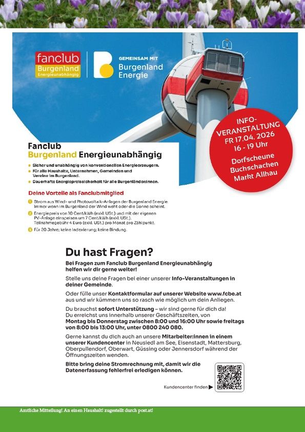 Plakat für einen Energieunabhängigkeitsclub in Burgenland, Österreich. Es zeigt eine Windturbine und lädt Einzelpersonen ein, sich anzuschließen, um Vorteile wie niedrigere Energiekosten und Unabhängigkeit von konventionellen Energiequellen zu genießen.