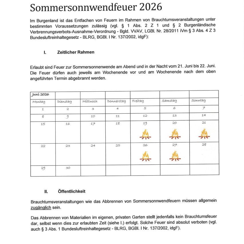 Das Bild zeigt ein Dokument mit dem Titel 'Sommersonnenwende 2026'. Es beschreibt den rechtlichen Rahmen für das Entzünden von Feuern während der Sommersonnenwende in Burgenland. Es legt den Zeitraum vom 21. Juni bis 22. Juni fest und erlaubt Feuer nur am Abend und in der Nacht. Eine Tabelle listet spezifische Termine für Feuer auf.