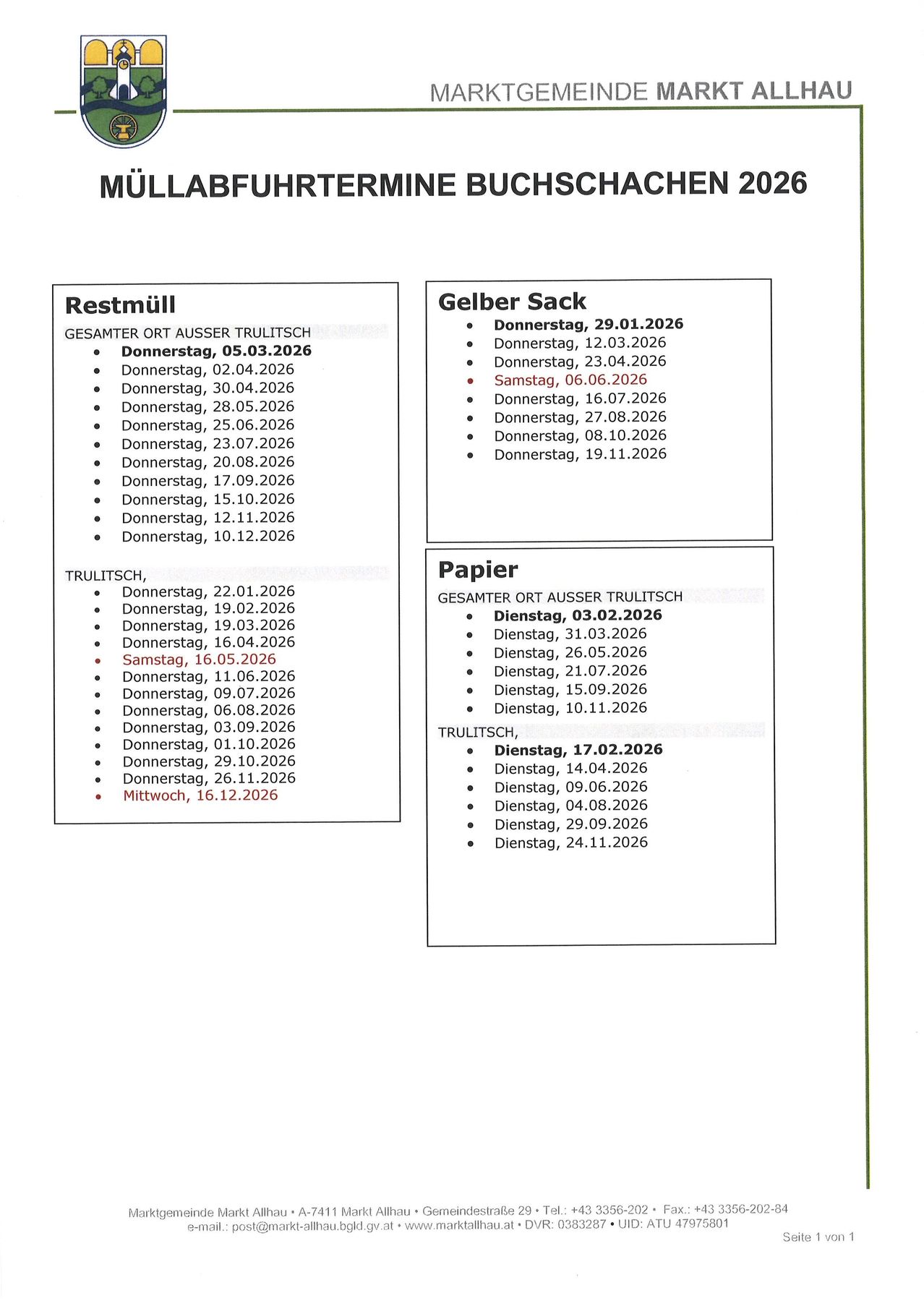 Das Bild zeigt eine Tabelle mit Datumsangaben für die Abfallsammlung, unterteilt in Abschnitte für Restmüll und Gelber Sack. Restmüll wird donnerstags ab dem 5. Mai 2026 bis zum 10. Dezember 2026 gesammelt. Gelber Sack wird donnerstags und samstags ab dem 29. Januar 2026 bis zum 19. November 2026 gesammelt.