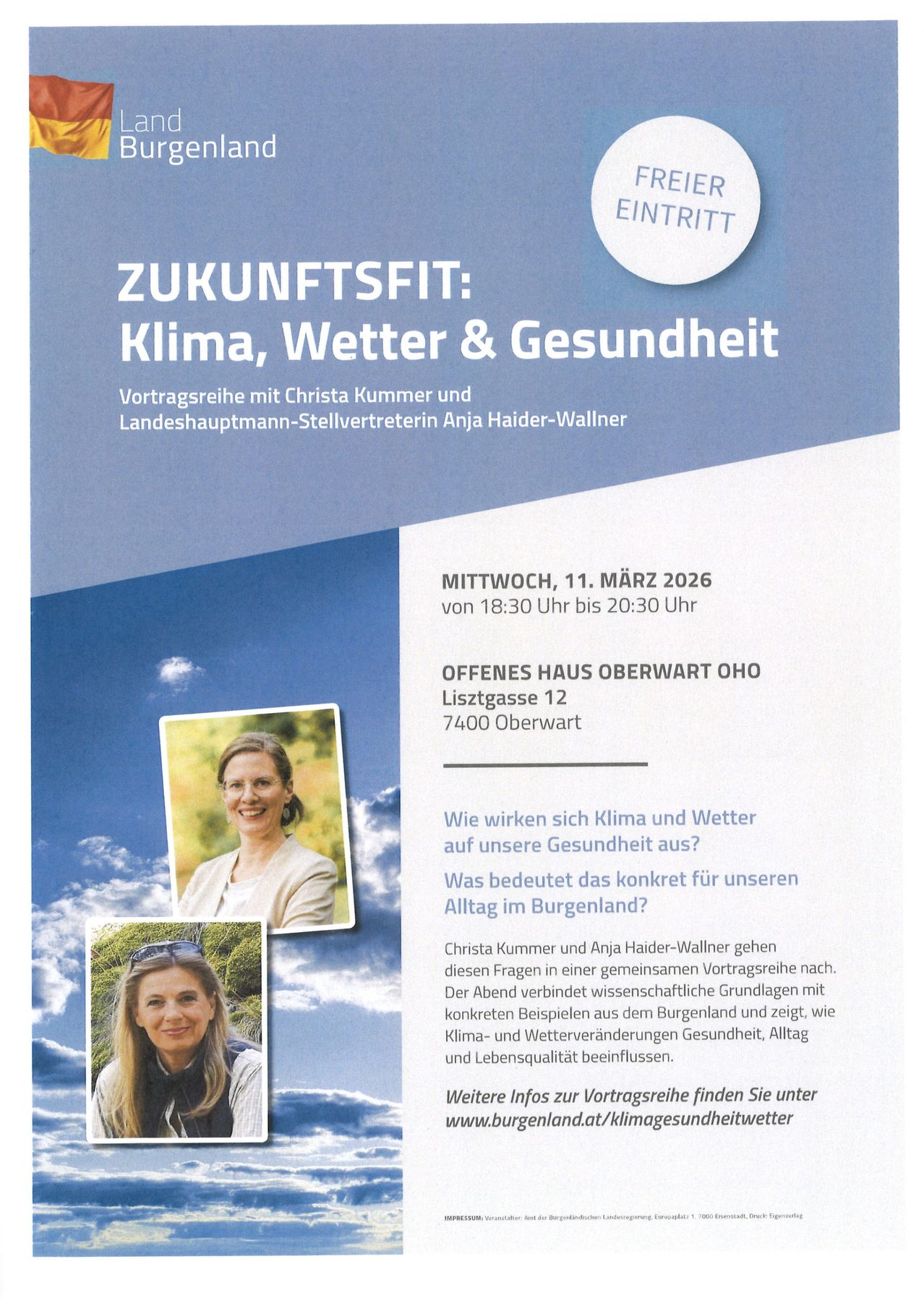 Plakat für eine Vortragsreihe über Zukunftsfitness, Klima, Wetter und Gesundheit. Veranstaltet von Christa Kummer und Anja Haider-Wallner. Datum: 11. März 2026, 18:30 bis 20:30. Ort: Offenes Haus Oberwart.