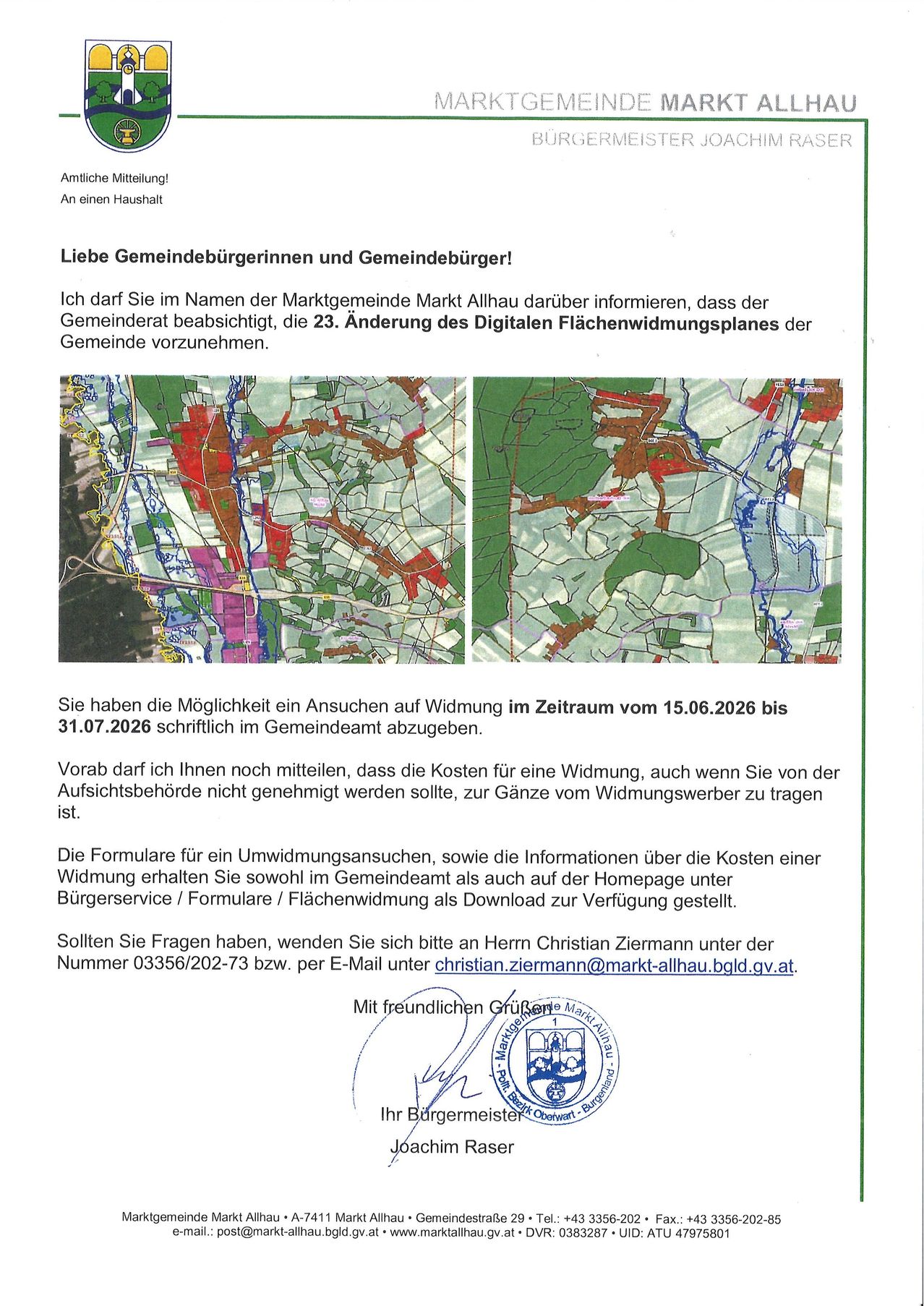 Eine Mitteilung informiert Bürger über die 23. Änderung des digitalen Flächenwidmungsplanes. Eine Karte zeigt die geplanten Änderungen. Bürger können einen Antrag auf Änderung bis zum 31.07.2026 schriftlich im Gemeindeamt einreichen. Es fallen keine Kosten für eine Ablehnung an, auch wenn die Behörde die Änderung nicht genehmigt. Formulare und Kosteninformationen sind im Rathaus oder online erhältlich.