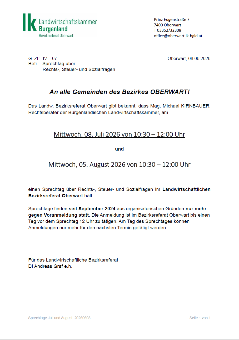 Ein Flyer kündigt einen Beratungstermin zu Rechts-, Steuer- und Sozialfragen in Oberwart an. Veranstaltet vom Bezirkslandwirtschaftsrat, findet er am 8. Juli und 5. August 2026 von 10:30 bis 12:00 Uhr statt. Anmeldungen für den nächsten Termin sind bis einen Tag vor der Veranstaltung möglich.