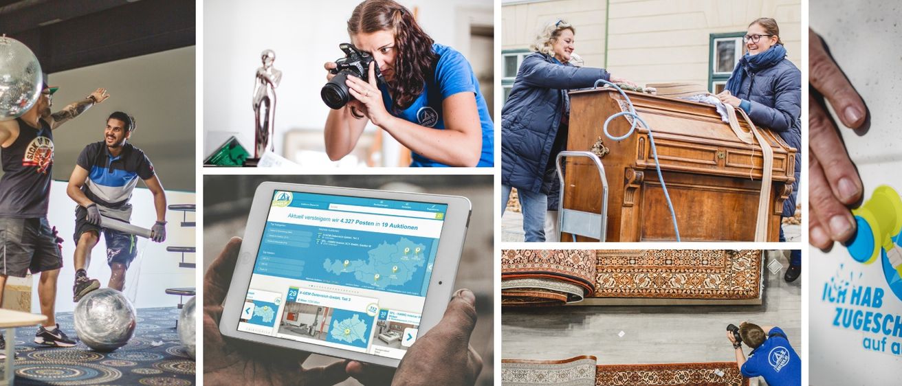 Vier Bilder: ein Fotograf, eine Frau putzt ein Klavier, eine Website auf einem Tablet und Teppiche auf dem Boden.