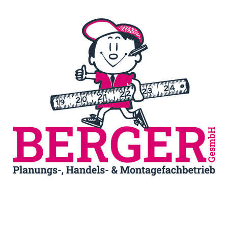 Eine Comicfigur hält ein Maßband, der Name 'BERGER' steht in Fettdruck über ihm, darunter steht 'Planungs-, Handels- und Montagefachbetrieb'.