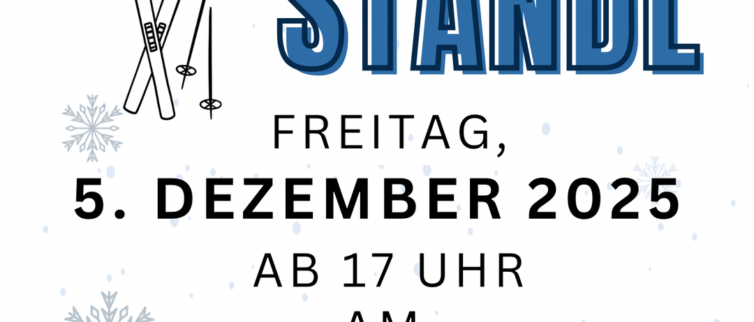 Plakat für einen Punschstand-Event am Freitag, 5. Dezember 2025, ab 17 Uhr in St. Konrad. Mit einem dampfenden Becher, Schneeflocken und Skiern. Besucher erwartet.