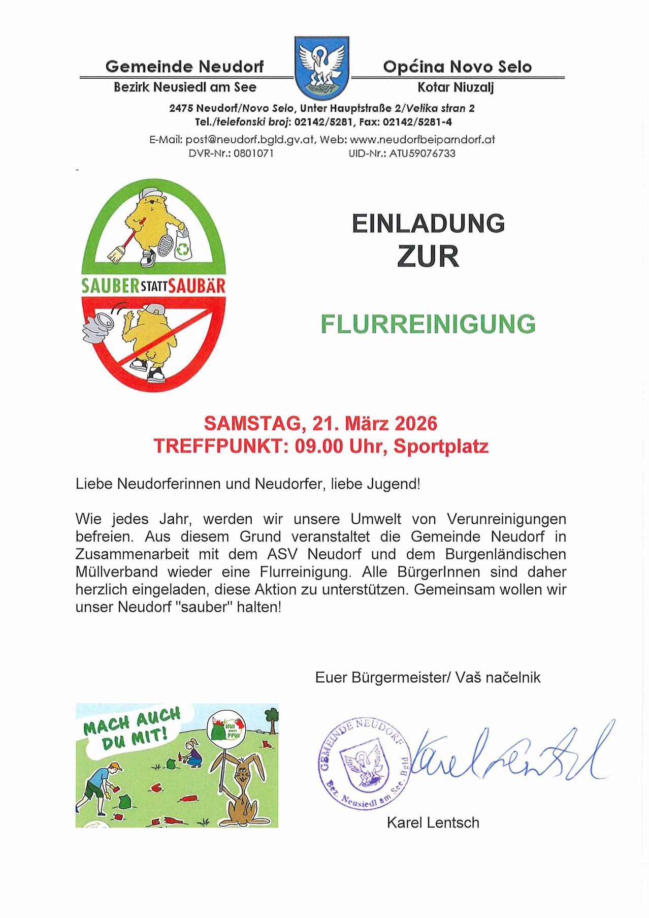 Einladung zur Gemeinschaftsaktion zur Reinigung am 21. März 2026 um 09:00 Uhr am Sportplatz. Alle Bürger sind herzlich eingeladen, mitzumachen. Der Bürgermeister von Neudorf unterschreibt die Einladung.
