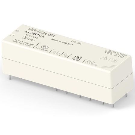 Ein weißes quadratisches elektronisches Gerät mit der Bezeichnung SR5-423-L024 SCHRACK und verschiedenen elektrischen Spezifikationen und Zertifizierungen. Es wurde in Österreich hergestellt.