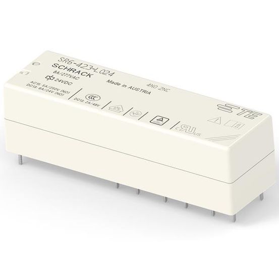 Ein weißes quadratisches elektronisches Gerät mit der Bezeichnung SR5-423-L024 SCHRACK und verschiedenen elektrischen Spezifikationen und Zertifizierungen. Es wurde in Österreich hergestellt.