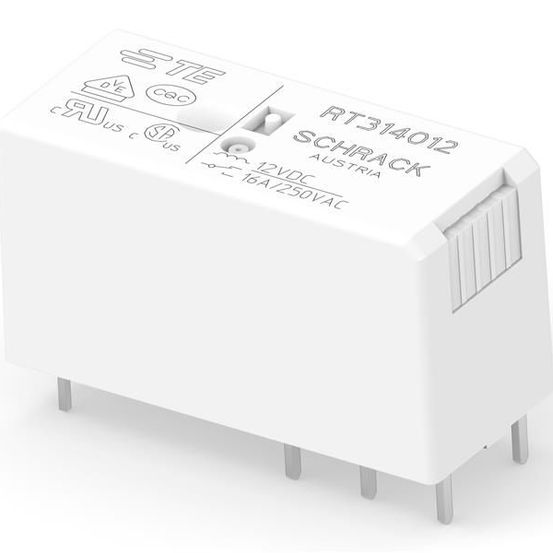Ein weißes elektronisches Gerät mit der Aufschrift 'RT314012 SCHRACK AUSTRIA', einem Kippschalter und Metallstiften.