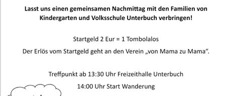 Einladung zur Familienwanderung am Samstag, 9. Mai 2026. Treffpunkt um 13:30 Uhr in Unterbuch. Start um 14:00 Uhr. Tombola um 17:00 Uhr. Angenehmes Wohlbefinden ist gesichert!