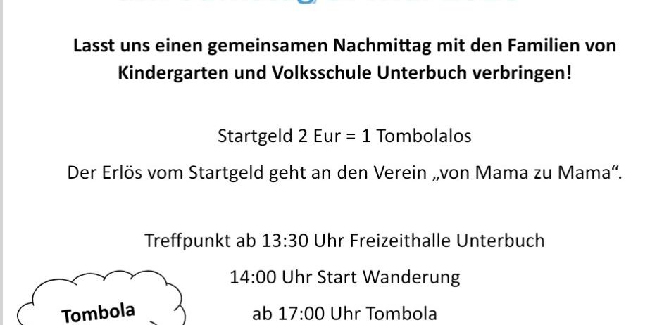 Invitation for a family hike on Saturday, May 9, 2026. Meet at 1:30 PM at Unterbuch's leisure hall. Start at 2:00 PM. Tombola at 5:00 PM. Enjoyable well-being is ensured!