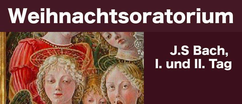 Werbeplakat für eine musikalische Veranstaltung mit Sopran-, Alt-, Tenor- und Basssängern. Das Plakat zeigt ein mittelalterliches Gemälde von Engeln, die Instrumente spielen. Datum: 7. Dezember 2025, um 15:00. Ort: Pfarrkirche Grossbrussbach.