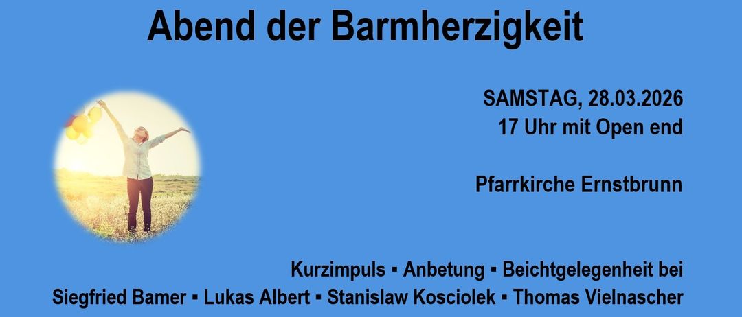 Plakat für die Veranstaltung 'Abend der Barmherzigkeit' mit einer Frau im Feld, Details zur Veranstaltung und den Künstlern.