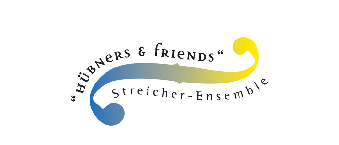Logo für 'Streicher-Ensemble und Freunde' mit Musiknoten und einem Band. Das Band ist blau, gelb und grün.