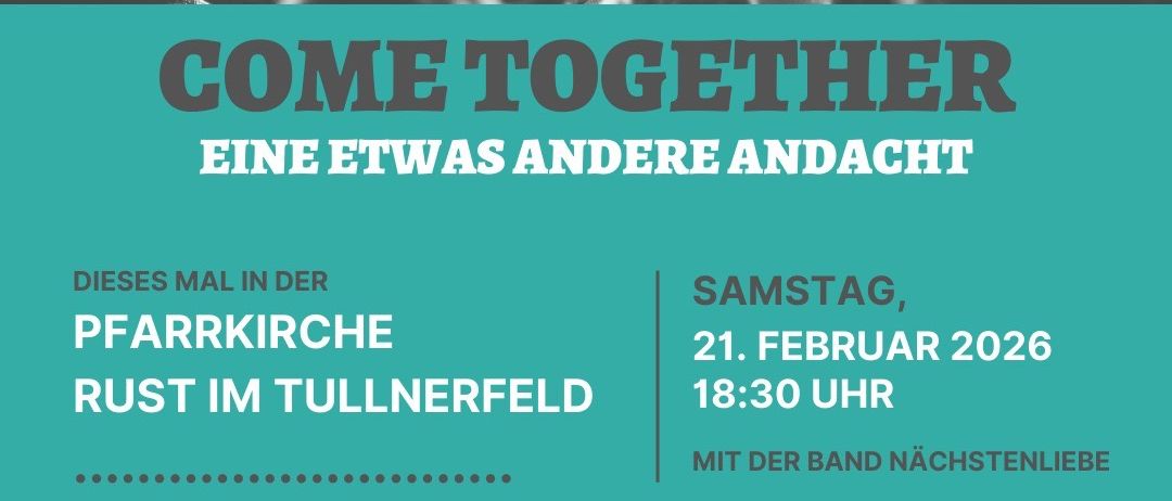 Ein Plakat mit einer Menschenmenge bei einem Konzert, mit dem Text 'Jesus für dich' und 'Kommt zusammen'. Die Veranstaltung findet in der Pfarrkirche Rust im Tullnerfeld am Samstag, den 21. Februar 2026 um 18:30 Uhr statt.