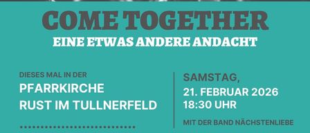 Ein Plakat mit einer Menschenmenge bei einem Konzert, mit dem Text 'Jesus für dich' und 'Kommt zusammen'. Die Veranstaltung findet in der Pfarrkirche Rust im Tullnerfeld am Samstag, den 21. Februar 2026 um 18:30 Uhr statt.
