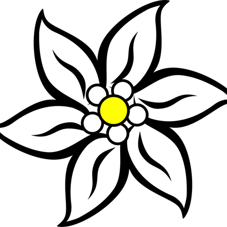 Ein schwarzer Hintergrund mit einem blumenartigen Muster, bestehend aus einem gelben Kreis und fünf weißen Kreisen darum herum.