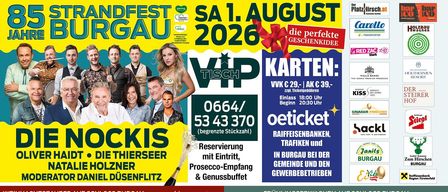 Plakat für das Burgau-Festival, das eine Gruppe von Menschen und eine Frau in einem Kleid zeigt. Es enthält Details zu VIP-Tischen, Ticketpreisen und Festivaldaten.