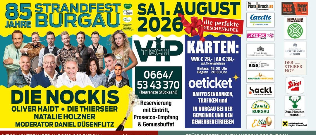 Plakat für das Burgau-Festival, das eine Gruppe von Menschen und eine Frau in einem Kleid zeigt. Es enthält Details zu VIP-Tischen, Ticketpreisen und Festivaldaten.