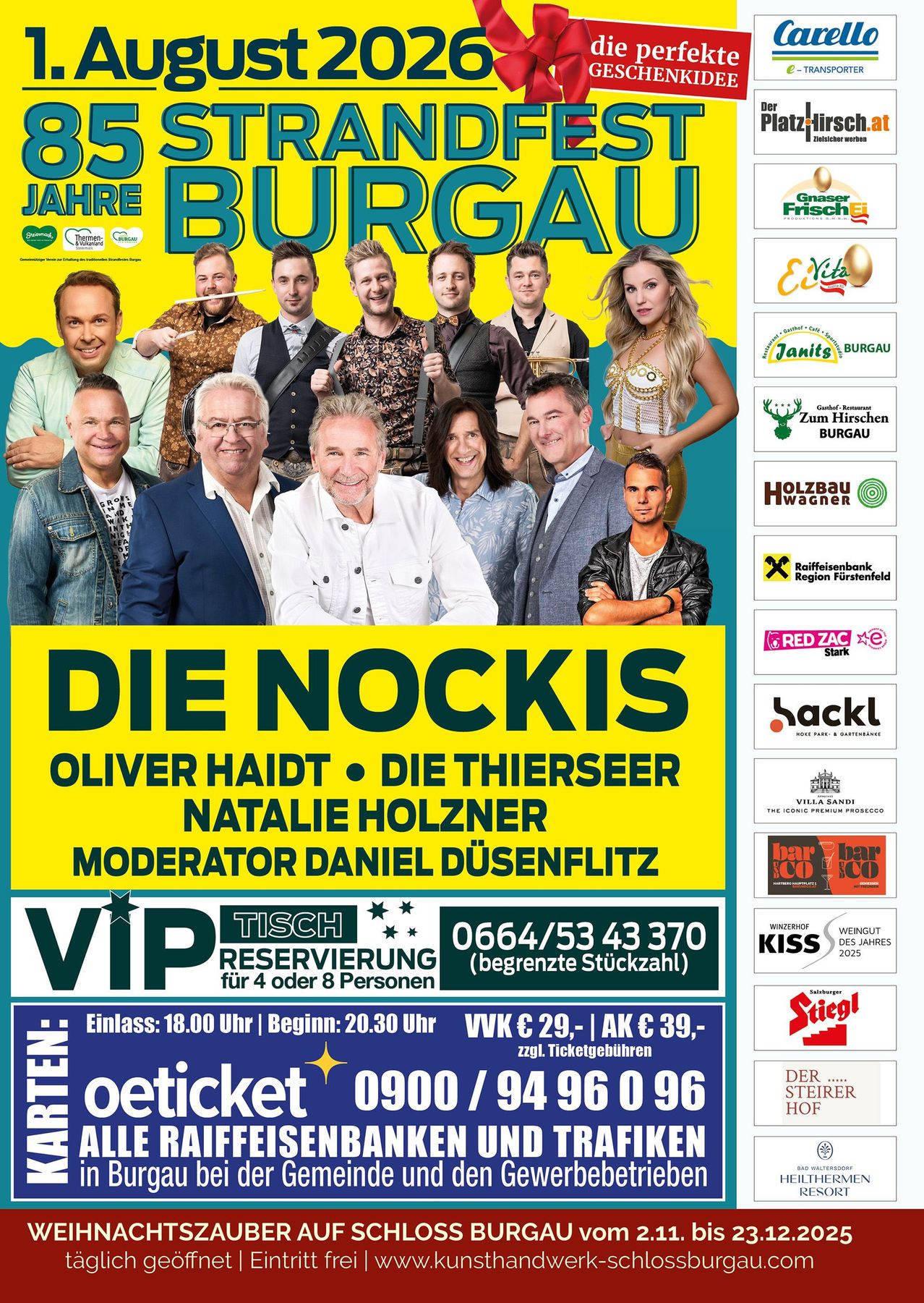 Ein Werbeposter für die jährliche Burgau-Veranstaltung mit einer Gruppe von Personen. Der Titel 'Die Nockis' ist prominent angezeigt, zusammen mit Namen und Rollen der Teilnehmer. Das Poster enthält Veranstaltungsdetails wie Datum, Uhrzeit und Ticketpreise. Verschiedene Sponsoren und Partner sind ebenfalls aufgeführt.