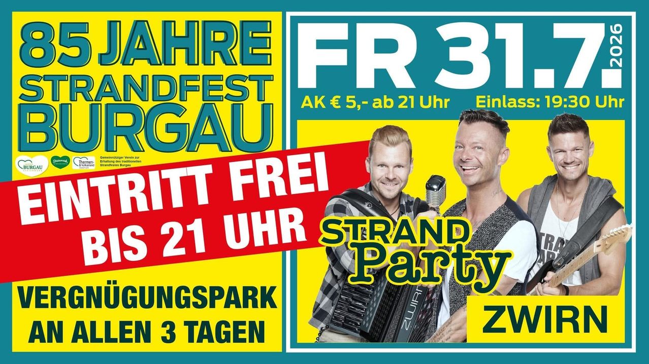 Plakat für ein Musikfestival mit zwei Männern, einer mit einem Akkordeon und der andere mit einem Mikrofon, mit dem Text 'Jahresfest Eingau' und 'FR 31' in großen Buchstaben. Die Veranstaltung beginnt um 21:00 Uhr und der Eintritt ist frei.